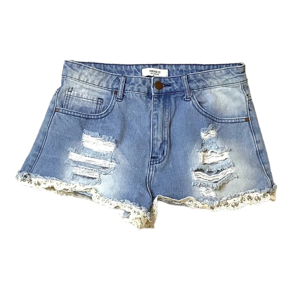 Forever 21 High Rise Denim Shortie Distressed Lace Size 29